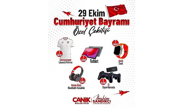 Canik Belediyesi’nin düzenlediği 29 Ekim Cumhuriyet Bayramı özel çekilişiyle vatandaşlar hediyelerle buluşuyor.